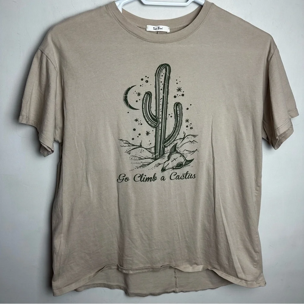 Tres Bien Go Climb A Cactus Shirt 100% Cotton Women's Size Petite Large Tan - Picture 9 of 9